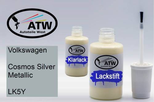 Volkswagen, Cosmos Silver Metallic, LK5Y: 20ml Lackstift + 20ml Klarlack - Set, von ATW Autoteile West.